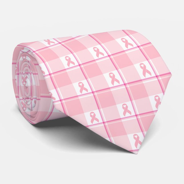 Corbata Breast Cancer Awareness Plaid Pink Ribbon (Enrollado)