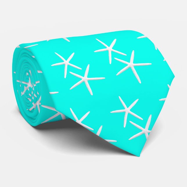 Corbata Brillante Aqua Blue Starfish Beach Wedding Tie (Enrollado)