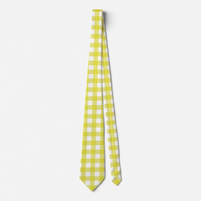 Corbata Brillante Gingham amarillo Neón en Blanco Crisp (Anverso)