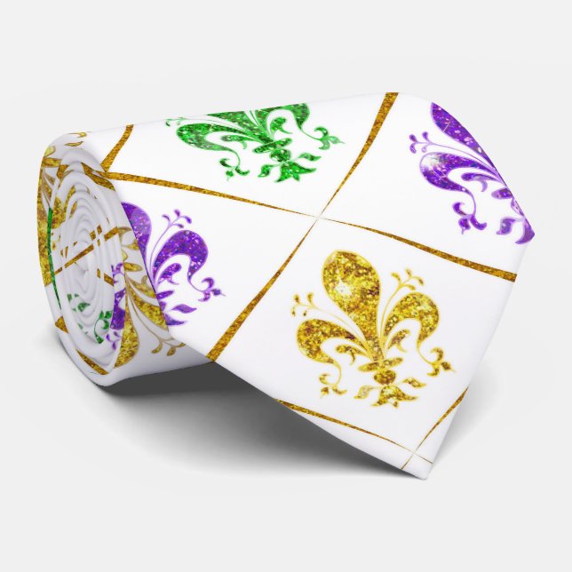 Corbata Brillo Fleur de Lis Diamante Mardi Gras Blanco (Enrollado)