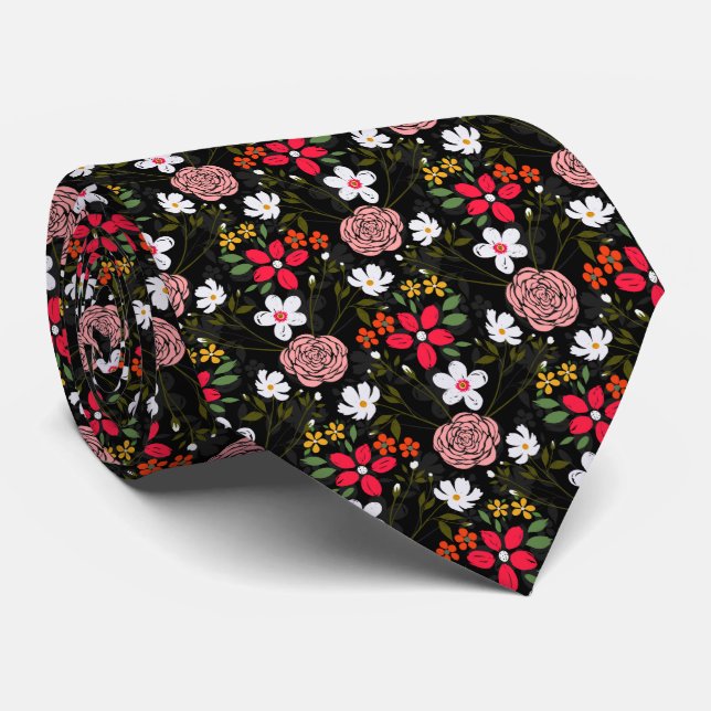 Corbata Brotes de pincel negro con flor rosa y blanco boni (Enrollado)
