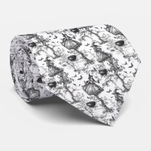Corbata Brujas de Halloween Toile de Jouy Negro Blanco
