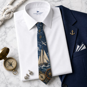 Corbata Brújula de velero vintage accesorio masculino azul