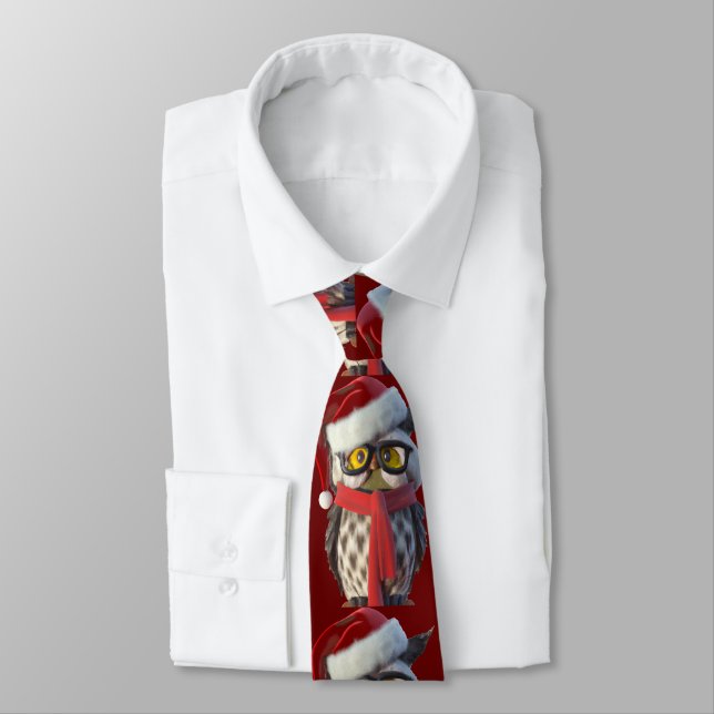 Corbata Búho de Navidad con traje de Santa y bufanda roja (Atado)