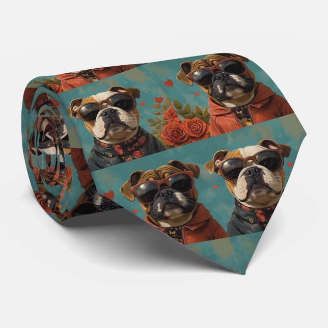 Corbata Bulldog con Corazón Rosas Día de San Valentín (Enrollado)