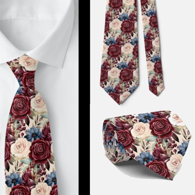 Corbata Burdeos Azul Periwinkle Crema Floral (Subido por el creador)