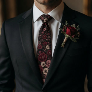 Corbata Burgundy Romántico Oscuro y Floral Negro Rosa Polv