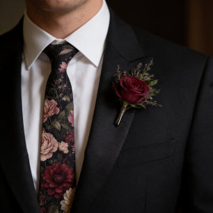 Corbata Burgundy Romántico Oscuro y Rosa Polvorienta Flora