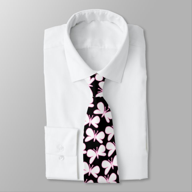 Corbata Butterfly Silhouettes - White with Pink on Black (Atado)