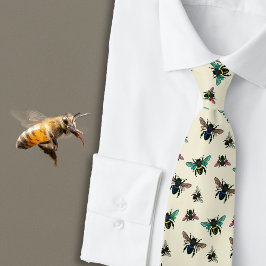 Corbata Buzzing Bees Pattern Ecru