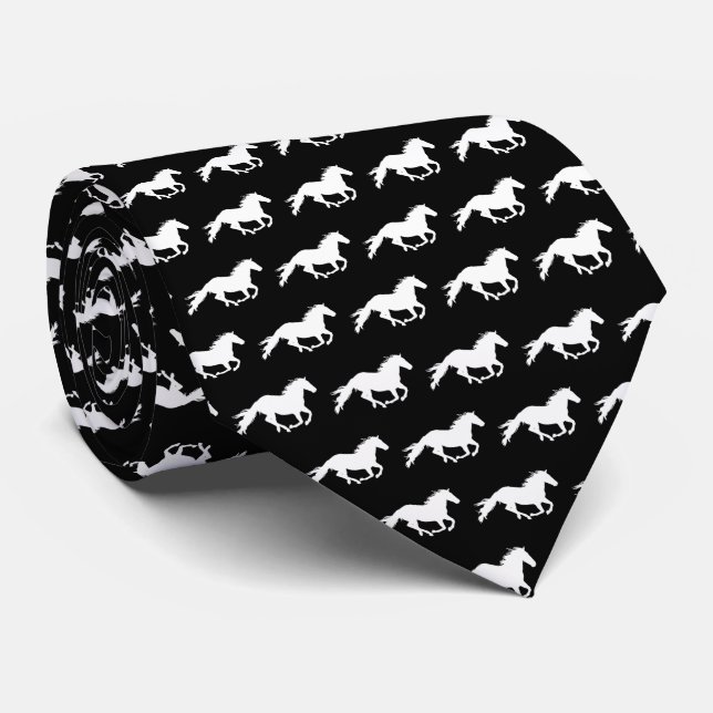 Corbata Caballo blanco galopante | Negro (Enrollado)