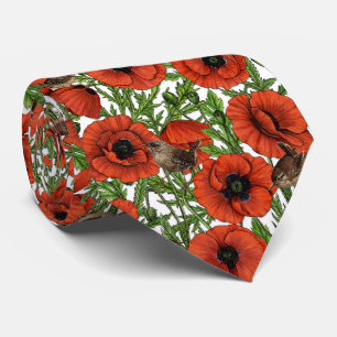 Corbata Cachorros rojos y venas, hojas verdes sobre blanco