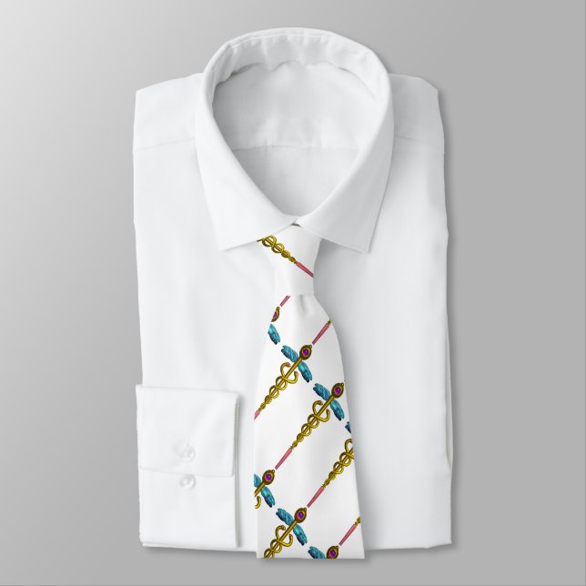 Corbata CADUCEO DE ORO, SÍMBOLO MÉDICO MÉDICA, Blanco (Atado)