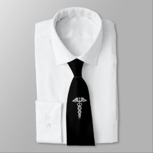 Corbata Caduceto gris plateado médico sobre negro