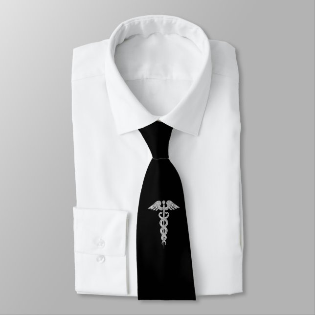 Corbata Caduceto gris plateado médico sobre negro (Atado)