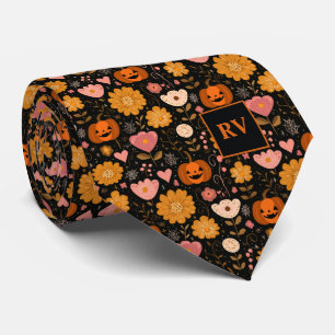 Corbata Calabazas naranjas retro de Halloween con flores d