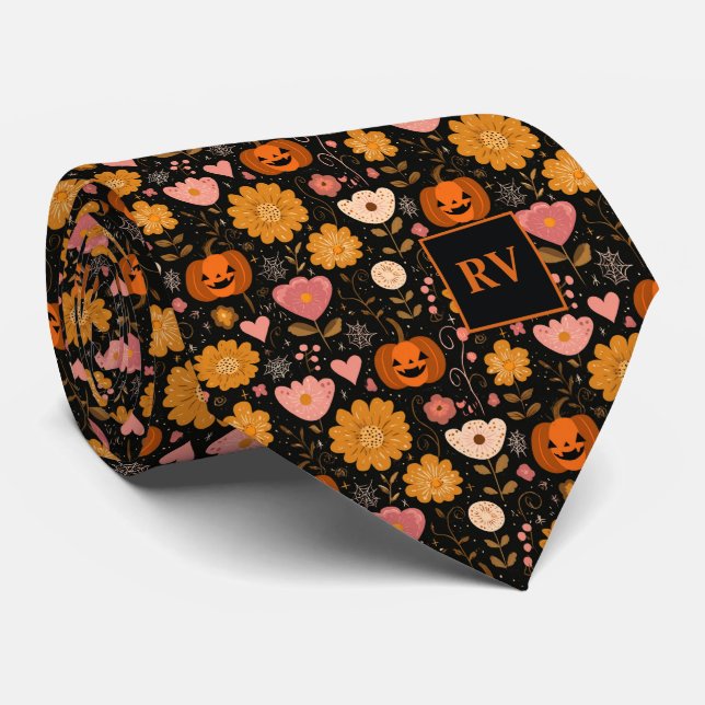 Corbata Calabazas naranjas retro de Halloween con flores d (Enrollado)