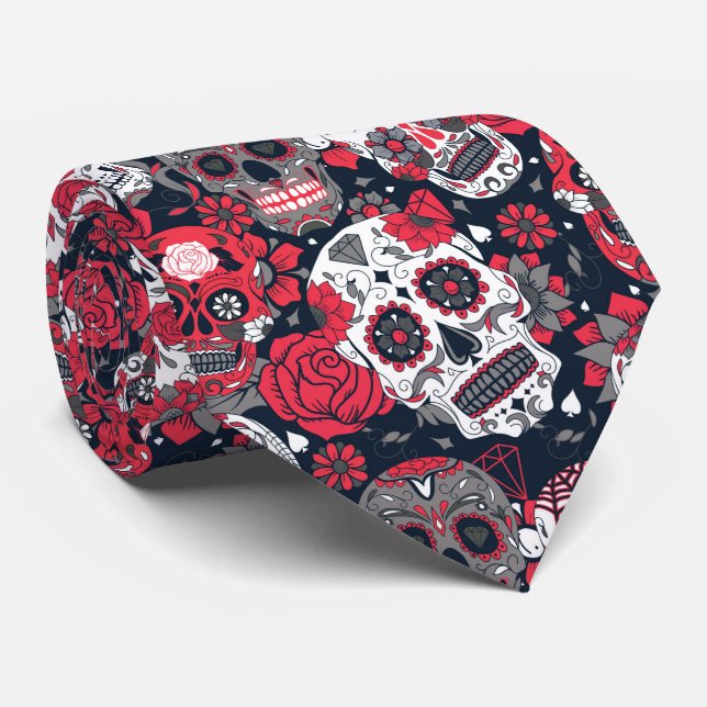 Corbata calavera de azúcar roja patrón floral ornamental (Enrollado)