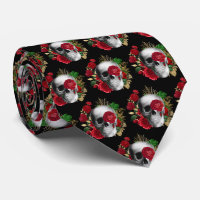 Calavera de gótico con flores rojas y hojas de oro