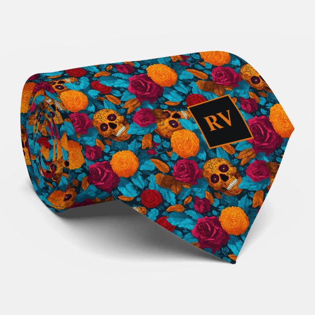 Corbata Calaveras de azúcar florales en rojo y azul turque (Enrollado)