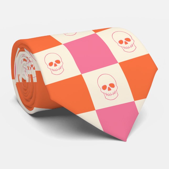 Corbata Calaveras de tablero de ajedrez en rosa, Naranja y (Enrollado)