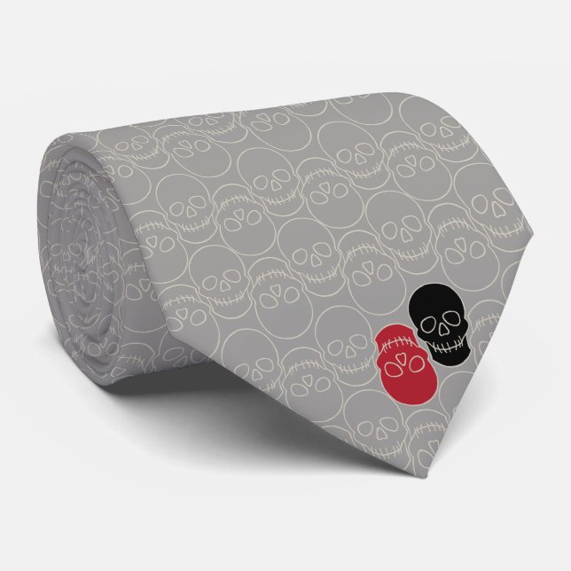 Corbata Calaveras - Gris fantasma y blanco óseo (Enrollado)