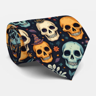 Corbata Calaveras y flores de Halloween