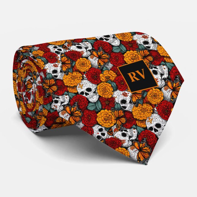Corbata Calaveras y Mariposas con Marigolds (Enrollado)