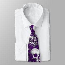 Corbata Calaveras Y Rosas Morado Halloween