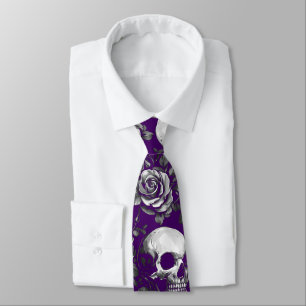 Corbata Calaveras Y Rosas Morado Halloween