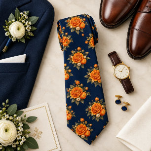 Corbata Caléndula Naranja Mandarin sobre Floral Azul Marin