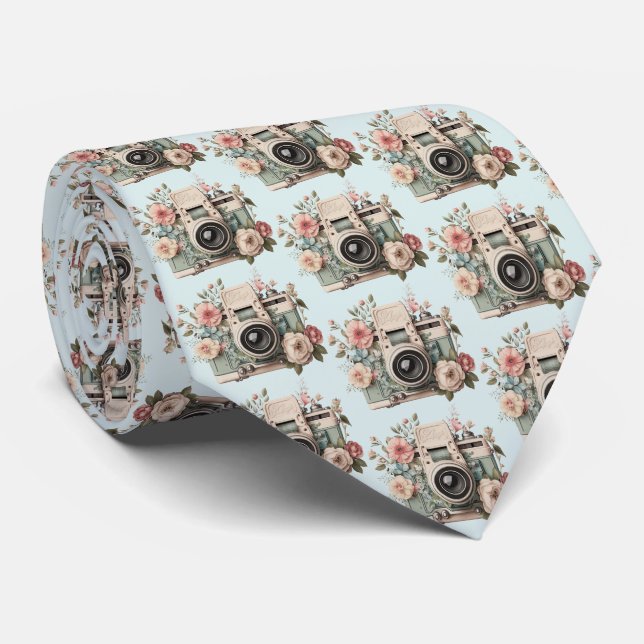 Corbata Cámara con flores imagen patrón retro pastel (Enrollado)