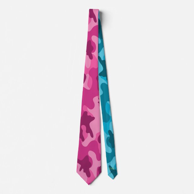 Corbata Camo Moderno Rosa Brillante Azul, Monogramas Inici (Anverso)