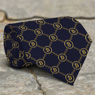 Corbata Cañones De Bitcoin De Oro En Fondo Azul Oscuro