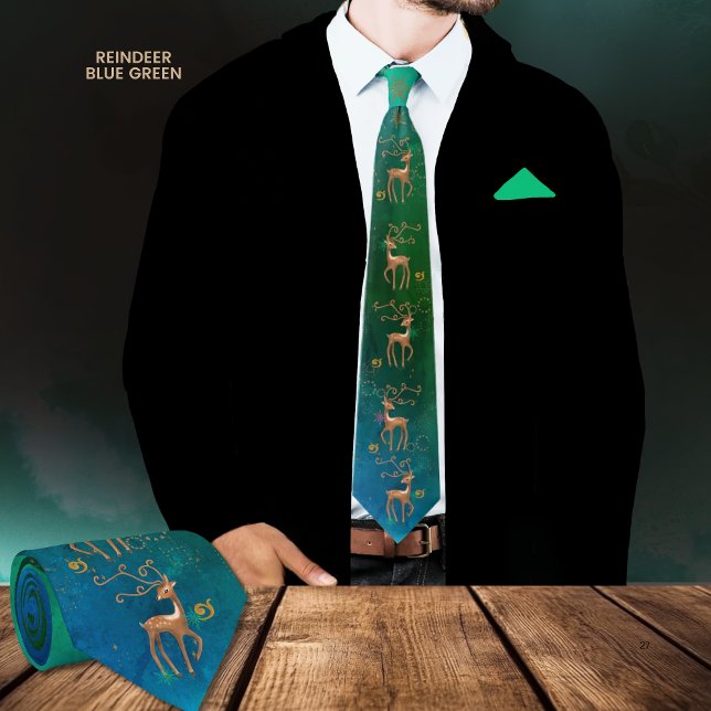 Corbata Canto de cuello verde azul para renos capilares (Whimsical Reindeer Blue Green Neck Tie)