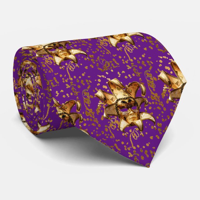 Corbata Carnaval de Mardi Gras Máscara de Oro Confetti Púr (Enrollado)