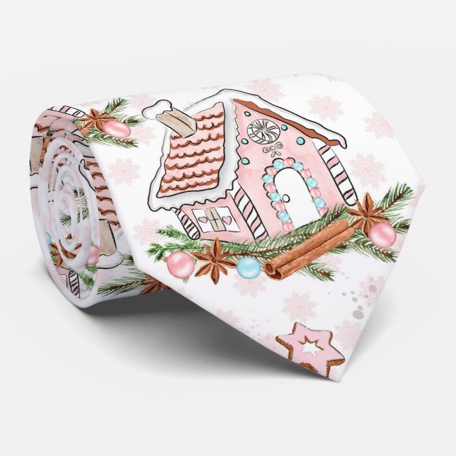 Corbata Casa de pan rosado para navidades (Enrollado)