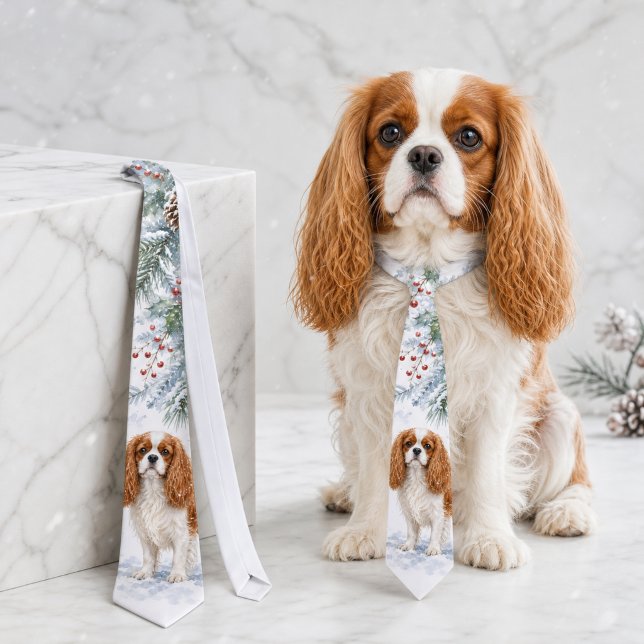 Corbata Cavalier King Charles Spaniel Acuarela de Invierno (Winter Cavalier King Charles Spaniel Watercolor Neck Tie)