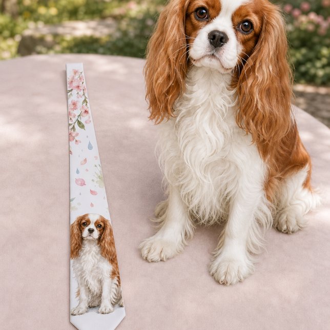 Corbata Cavalier King Charles Spaniel acuarela de primaver (Spring Cavalier King Charles Spaniel Watercolor Neck Tie)