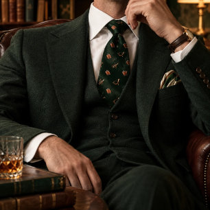 Corbata Cazador de dinero antiguo verde herringbone cuerno