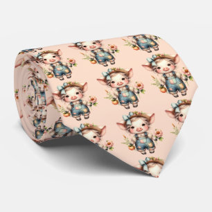 Corbata Cerdito adorable de granja con overoles y flores