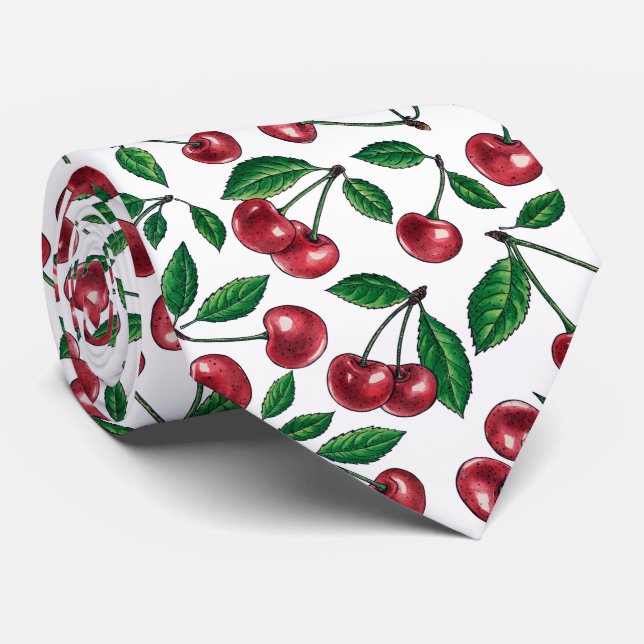 Corbata Cerezas rojas en blanco (Enrollado)