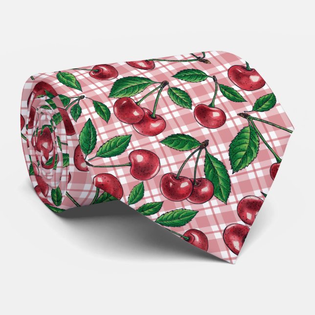 Corbata Cerezas rojas en gingham rosa (Enrollado)