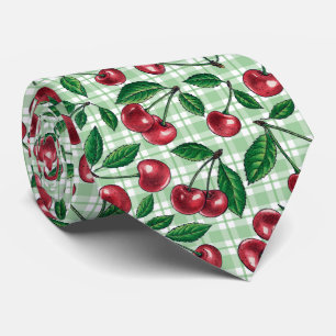 Corbata Cerezas rojas en gingham verde claro