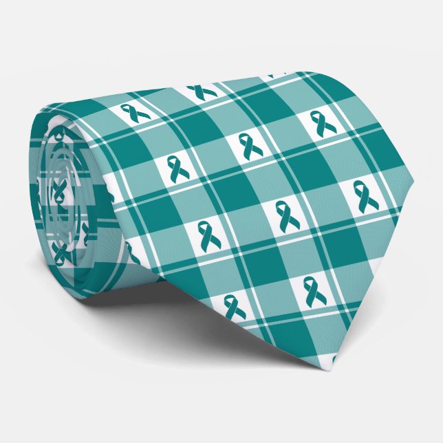 Corbata Cervical Cancer Awareness Plaid Teal Ribbon (Enrollado)
