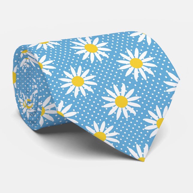 Corbata Cheerful Powder Blue Retro Daisy Flower Polka Dot  (Enrollado)