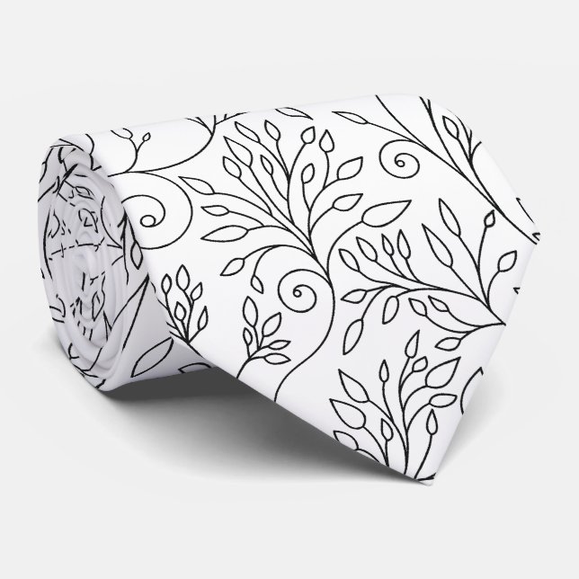Corbata Chic Black White Line Art Vines Floral Pattern (Enrollado)