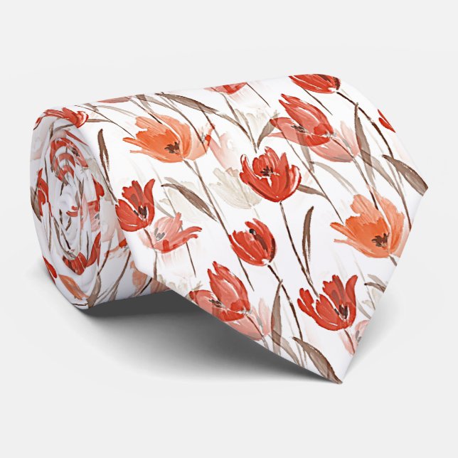 Corbata Chic Naranja Rojo Hermosas Flores de Amapola Acuar (Enrollado)