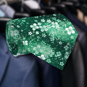 Corbata Chic White Green Shamrocks & Dots sobre Verde Oscu