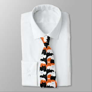 Corbata Chico loco de Halloween Naranja y gatos negros